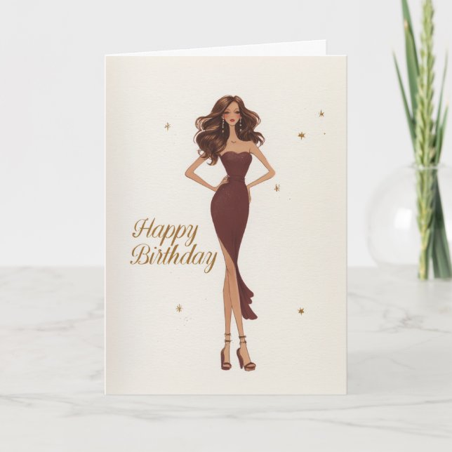 Elegant Glam Brunette Brown Gown Fashionista BDay Karte (Vorderseite)