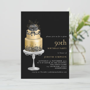 Elegant Glam Cake Florals Gold 50. Geburtstag Schw Einladung