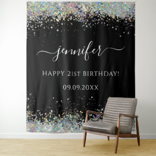 Elegant Glam Holographic Glitzer Birthday Black Wandteppich