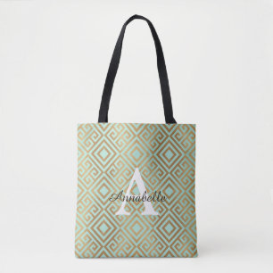 Elegant Glam Mint Green Gold Monogram Geometric