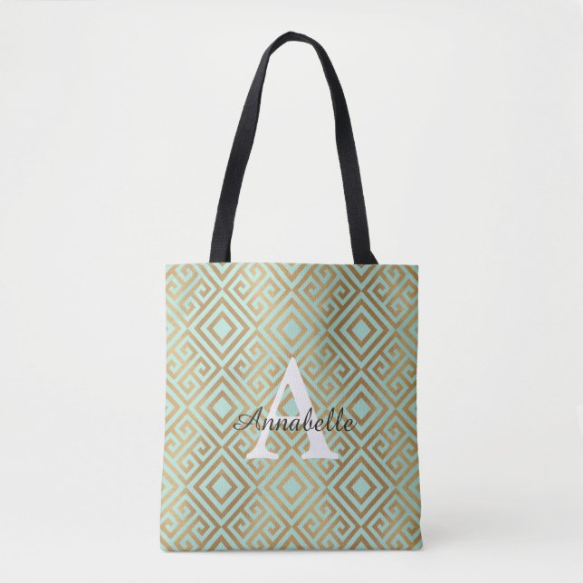 Elegant Glam Mint Green Gold Monogram Geometric (Vorderseite)