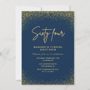 Elegant Glam Navy Gold Glitter 64. Geburtstag Einladung