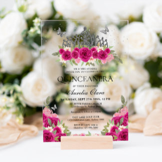 Elegant Glam Pink Floral Silver Tiara Quinceanera Acryleinladungen