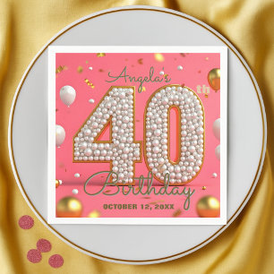 Elegant Glam Pink Gold und Perlen 40. Geburtstag Serviette