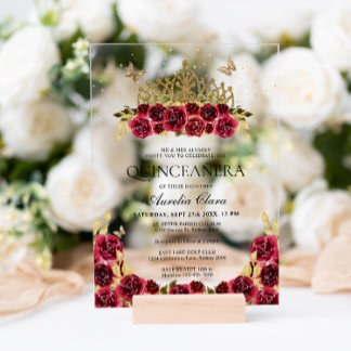 Elegant Glam Red Floral Gold Tiara Quinceanera Acryleinladungen