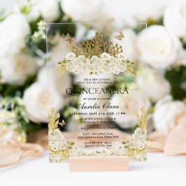 Elegant Glam White Floral Gold Tiara Quinceanera Acryleinladungen