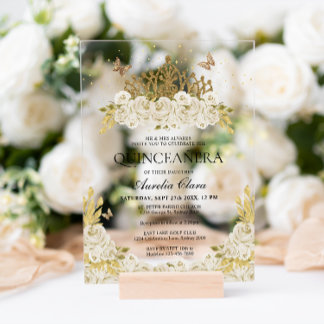 Elegant Glam White Floral Gold Tiara Quinceanera Acryleinladungen