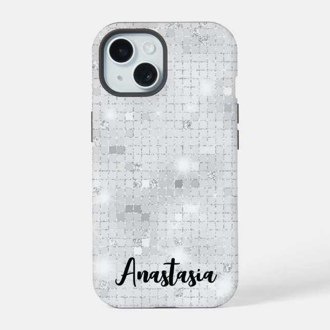 Elegant Glam White Silver Glitz Sparkle iPhone 15 Hülle (Rückseite)