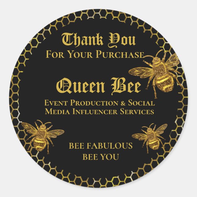 Elegant Glamour Black Gold Queen Bee Vielen Dank Runder Aufkleber (Vorderseite)