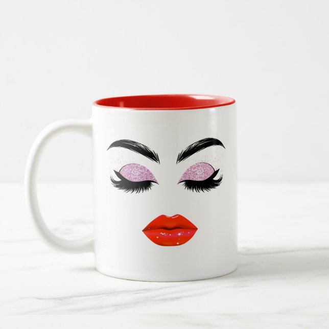 Elegant Glamour Red Lips & Glitzer Eyelashes Zweifarbige Tasse (Links)