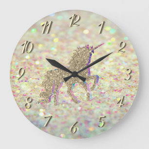 Elegant  Glitter Bokeh , Gold Glitter Unicorn Große Wanduhr