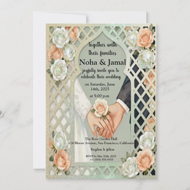 Elegant Glitter Roses Arch Romantic Couple Hands Einladung (Vorderseite)