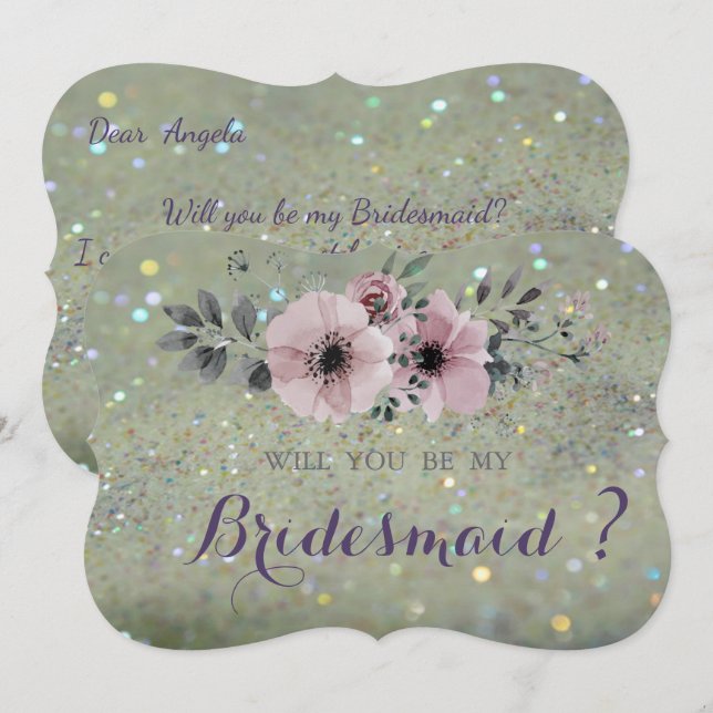 Elegant Glittery Bokeh, Blume Bridesmaid Card Einladung (Vorne/Hinten)