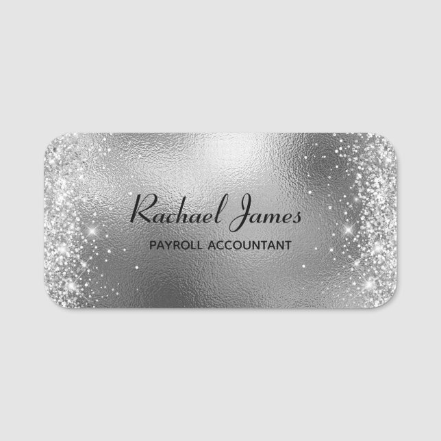 Elegant Glittery Silver Foil Name Tag Namensschild (Vorderseite)