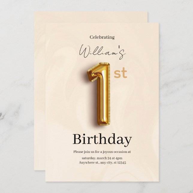 Elegant Gold 1st Birthday Invite, Minimalist Boy  Einladung (Vorne/Hinten)