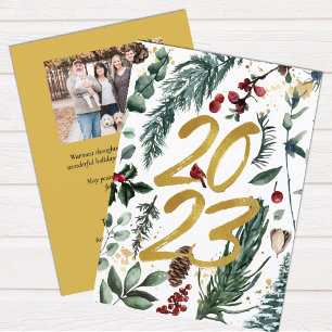 Elegant Gold 2023 Festivals Pine Bough Floral Foto Feiertagskarte