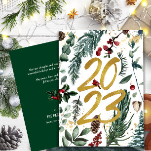 Elegant Gold 2023 Festivals Pine Greenery Rote Blü Feiertagskarte