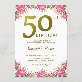 Elegant Gold 50. Geburtstag Rosa Blütenbraun Einladung
