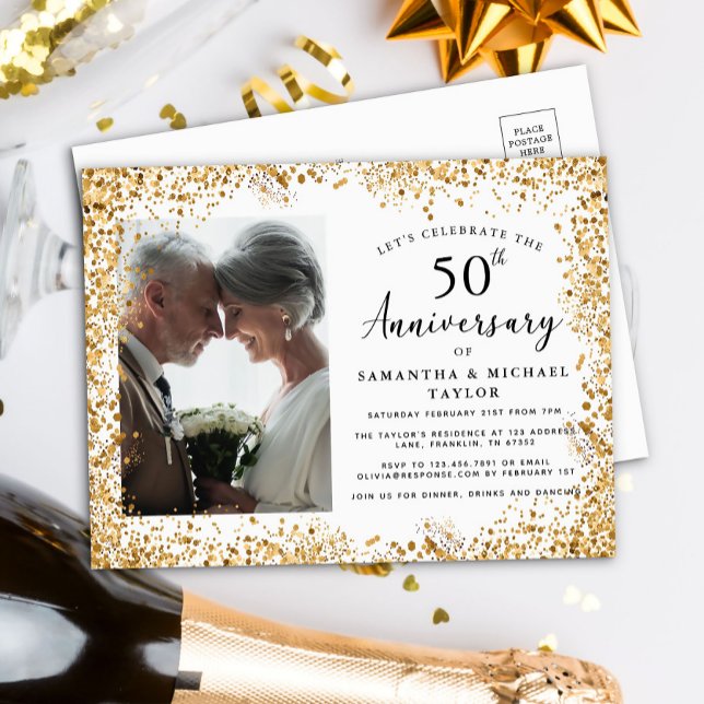 Elegant Gold 50. Hochzeitstag Einladungspostkarte (Von Creator hochgeladen)