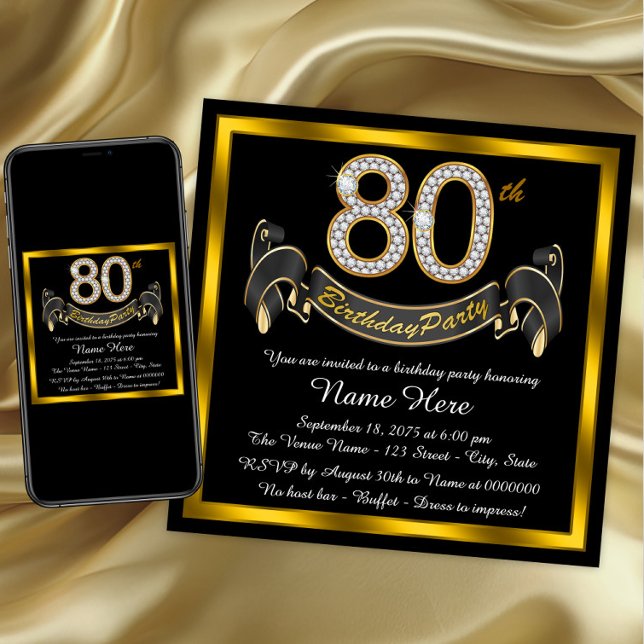 Elegant Gold 80. Geburtstagsparty Einladung (80th birthday party invitations. Instant download and printed invitations available. )