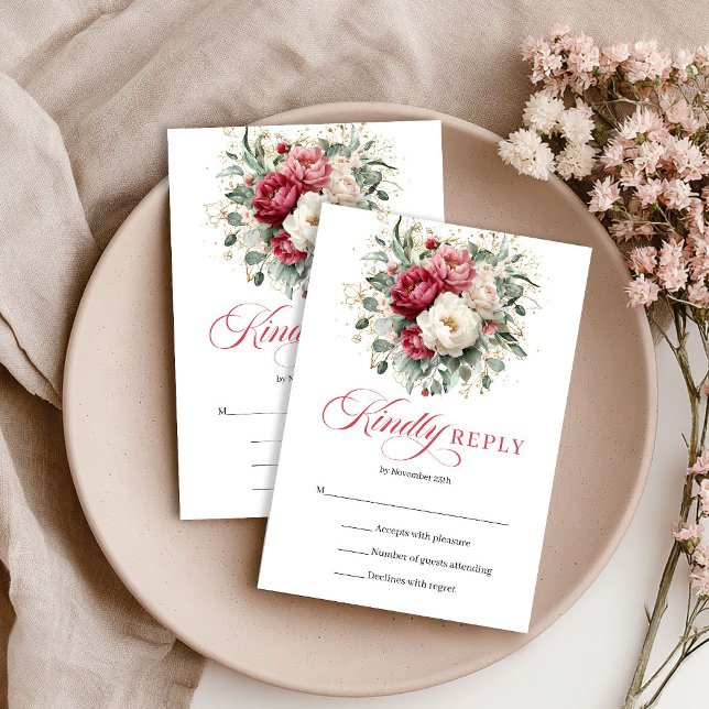 Elegant Gold Accent Wedding RSVP Red Blush Karte (Elegant Gold Accent Wedding RSVP Red Blush)