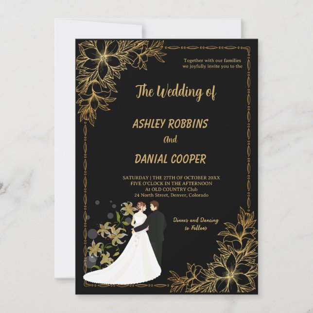Elegant gold and Black Border floral Wedding  Einladung (Vorderseite)