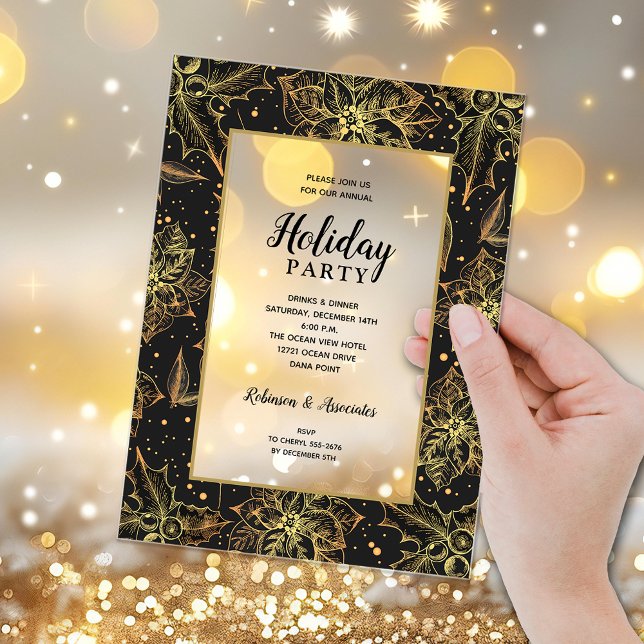 Elegant Gold and Black Floral Holiday Party Acryleinladungen (Elegant gold poinsettias and holly on black holiday party ACRYLIC invitations)