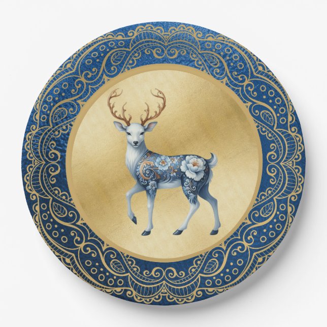Elegant Gold and Blue Plates Pappteller (Vorderseite)