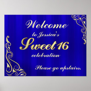 Elegant Gold and Blue Sweet 16 Welcome Sign Poster
