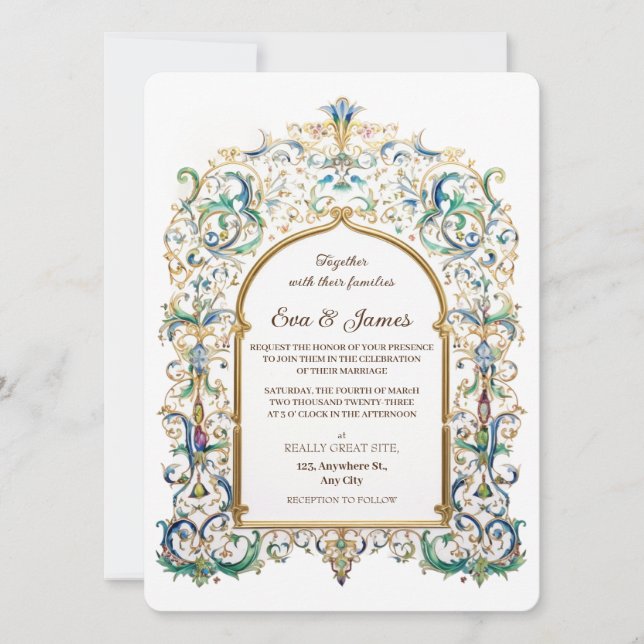 Elegant Gold and Blue Wedding Vintage Flourishes Einladung (Vorderseite)