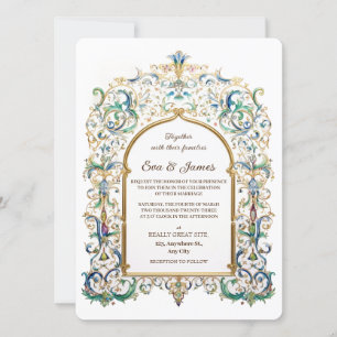 Elegant Gold and Blue Wedding Vintage Flourishes Einladung