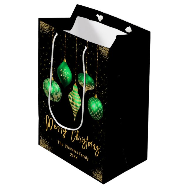 Elegant Gold and Green Ornament Christmas Mittlere Geschenktüte (Vorderseite Schrägansicht)
