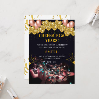 Elegant Gold and Heart Balloons 50th birthday Einladung