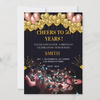 Elegant Gold and Heart Balloons 50th birthday Einladung