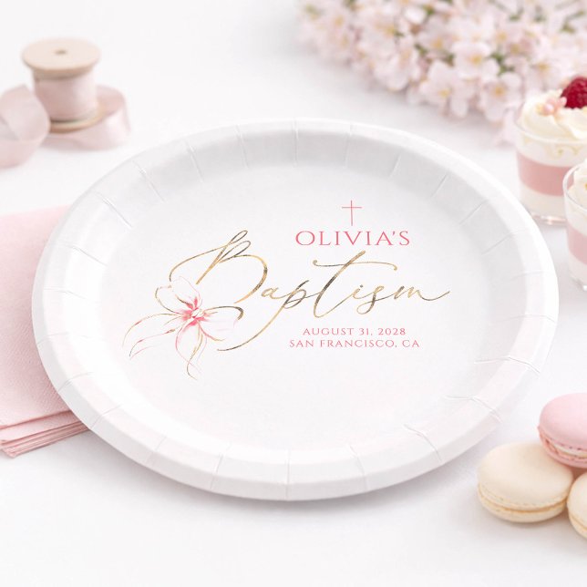 Elegant Gold and Pink Bow Girl Baptism Pappteller (Pink Bow Baptism Plates)