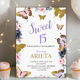 Elegant gold and pink butterfly birthday invitatio einladung