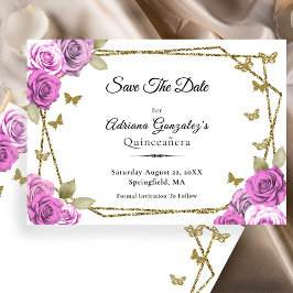 Elegant Gold and Pink Roses Quinceanera Save The Date