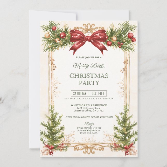 Elegant Gold and Red Bow Christmas Party  Einladung (Vorderseite)