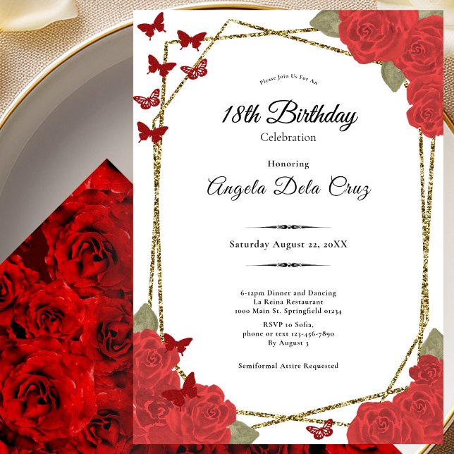 Elegant Gold and Red Roses 18th Birthday Debut Einladung (Von Creator hochgeladen)