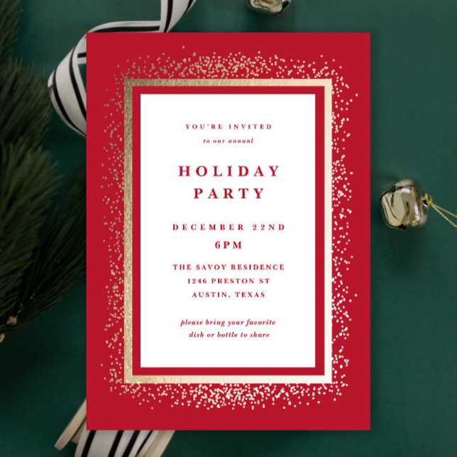 Elegant Gold and Red Sparkle Holiday Party Einladung (Elegant red and gold sparkle traditional holiday party invitations.)