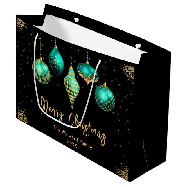 Elegant Gold and Teal Ornament Christmas Große Geschenktüte (Vorderseite Schrägansicht)