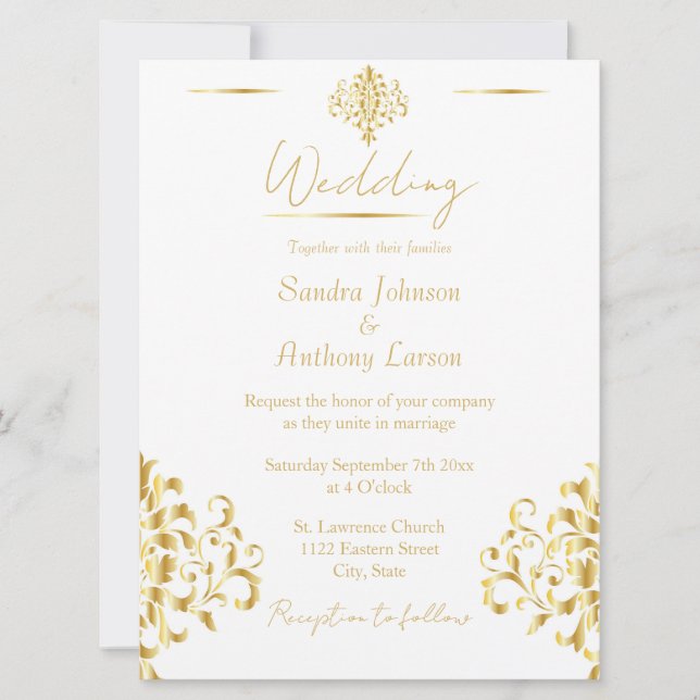 Elegant Gold and White Damask Wedding Invitation Einladung (Vorderseite)
