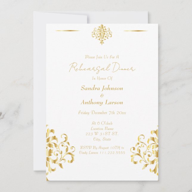 Elegant Gold and White Damask Wedding Rehearsal Einladung (Vorderseite)