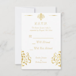 Elegant Gold and White Damask Wedding RSVP Karte