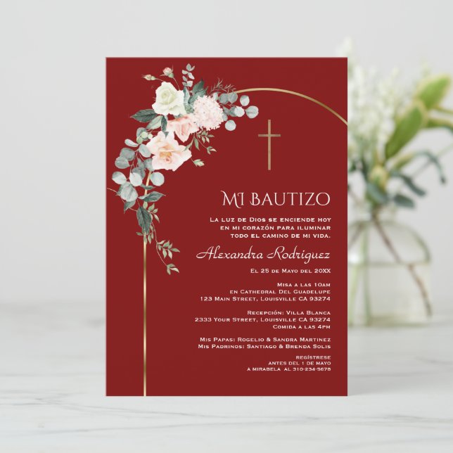 Elegant Gold Arch Floral Burgund Spanisch Bautizo Einladung (Stehend Vorderseite)