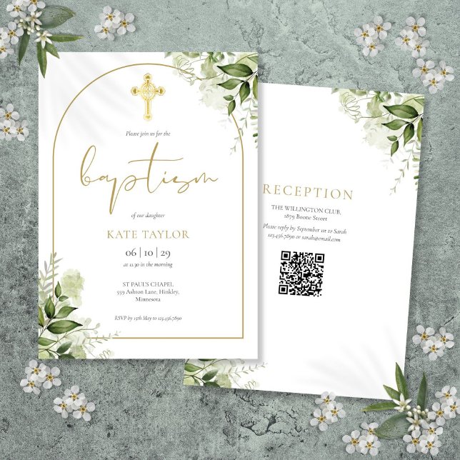 Elegant Gold Arch Greenerie Bloral Taufen QR Code Einladung (Elegant Gold Arch Greenery Floral Baptism QR Code Invitation)
