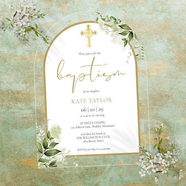 Elegant Gold Arch Greenerie Blumenblätterung Taufe Acryleinladungen (Elegant Gold Arch Greenery Floral Foliage Baptism Acrylic Invitations)