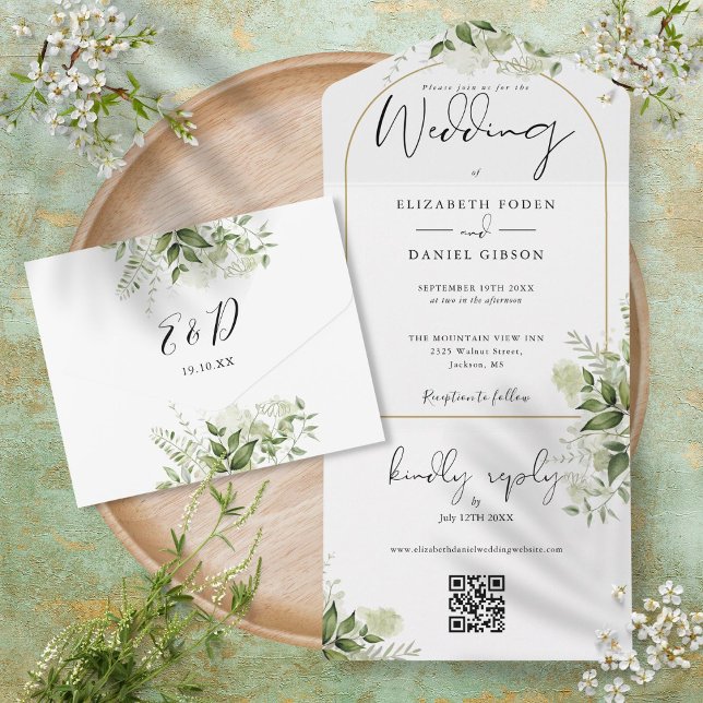 Elegant Gold Arch Greenery Floral QR Code Hochzeit All In One Einladung (Von Creator hochgeladen)