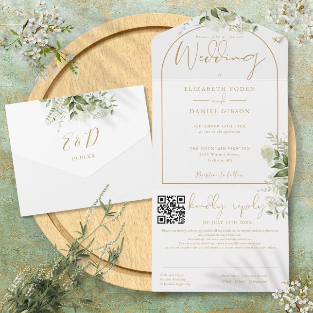 Elegant Gold Arch QR Code Grüne Hochzeit All In One Einladung (Elegant Gold Arch QR Code Greenery Wedding All In One Invitation)