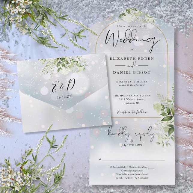 Elegant Gold Arch Winter Greenerie Hochzeit All In One Einladung (Elegant Gold Arch Winter Greenery Wedding All In One Invitation)